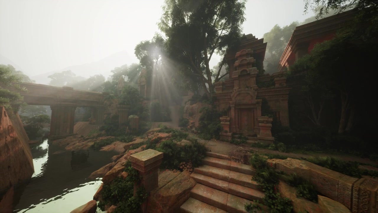 Drone captures scenic temple courtyard with historic relics and haze