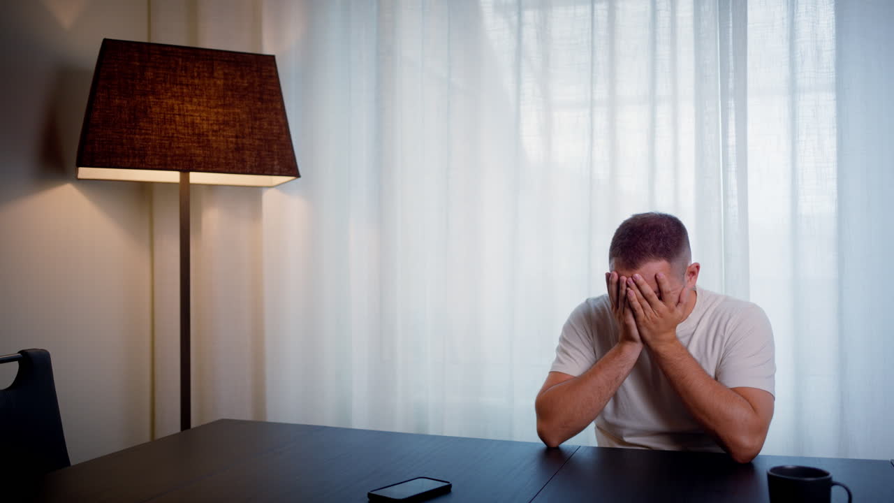 Man in white shirt using phone at indoor table, looking engaged