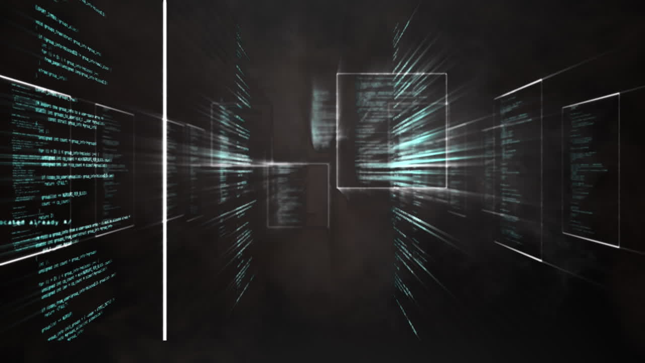 Animation of tunnel with data processing on black background