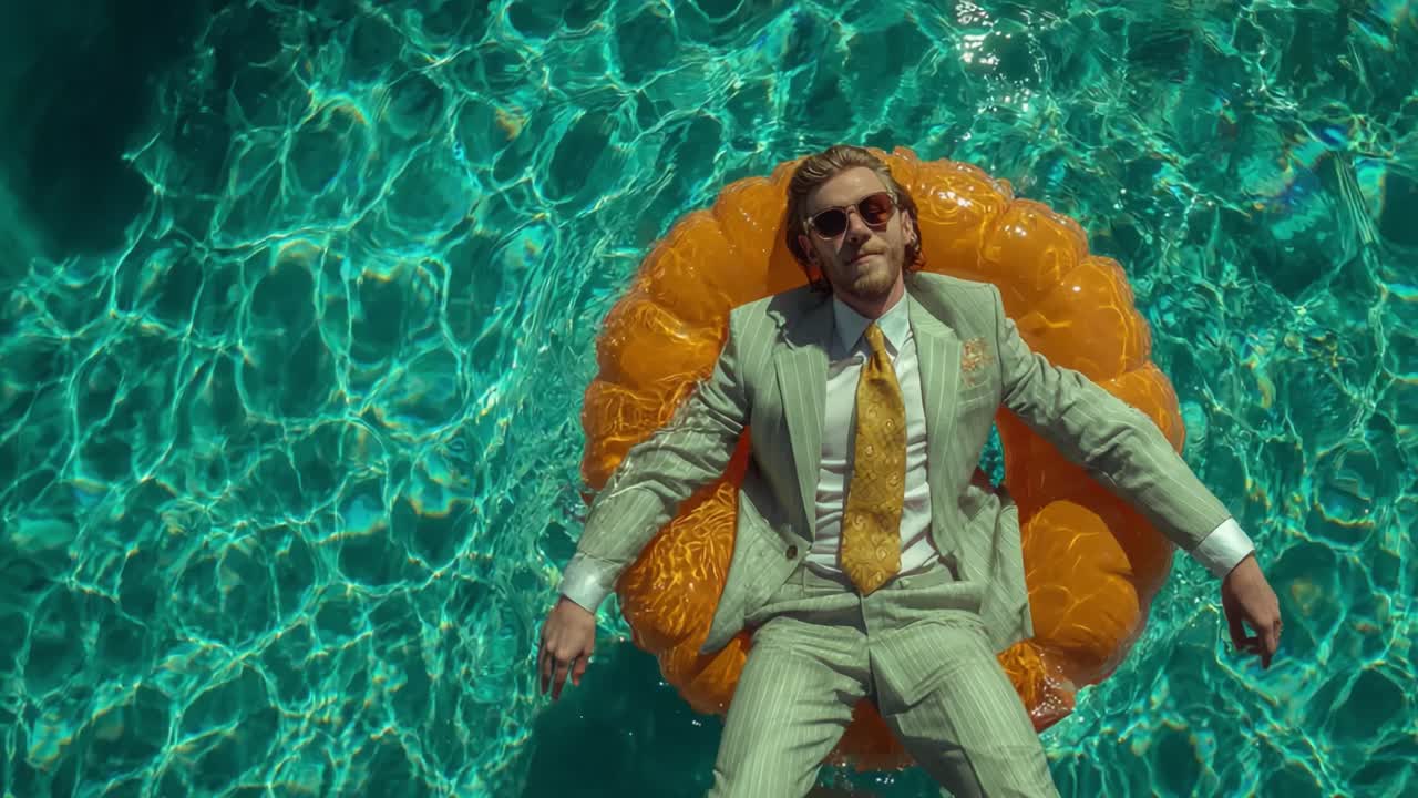 A Relaxing Escape: A Man in a Light Green Suit Lounges on an Orange Float in Crystal-Clear Pool Water, Enjoying a Tranquil Moment Under the Sun