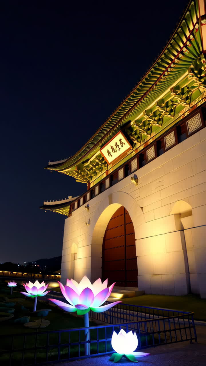 Illuminated Korean Palace at Night with Lotus Lanterns