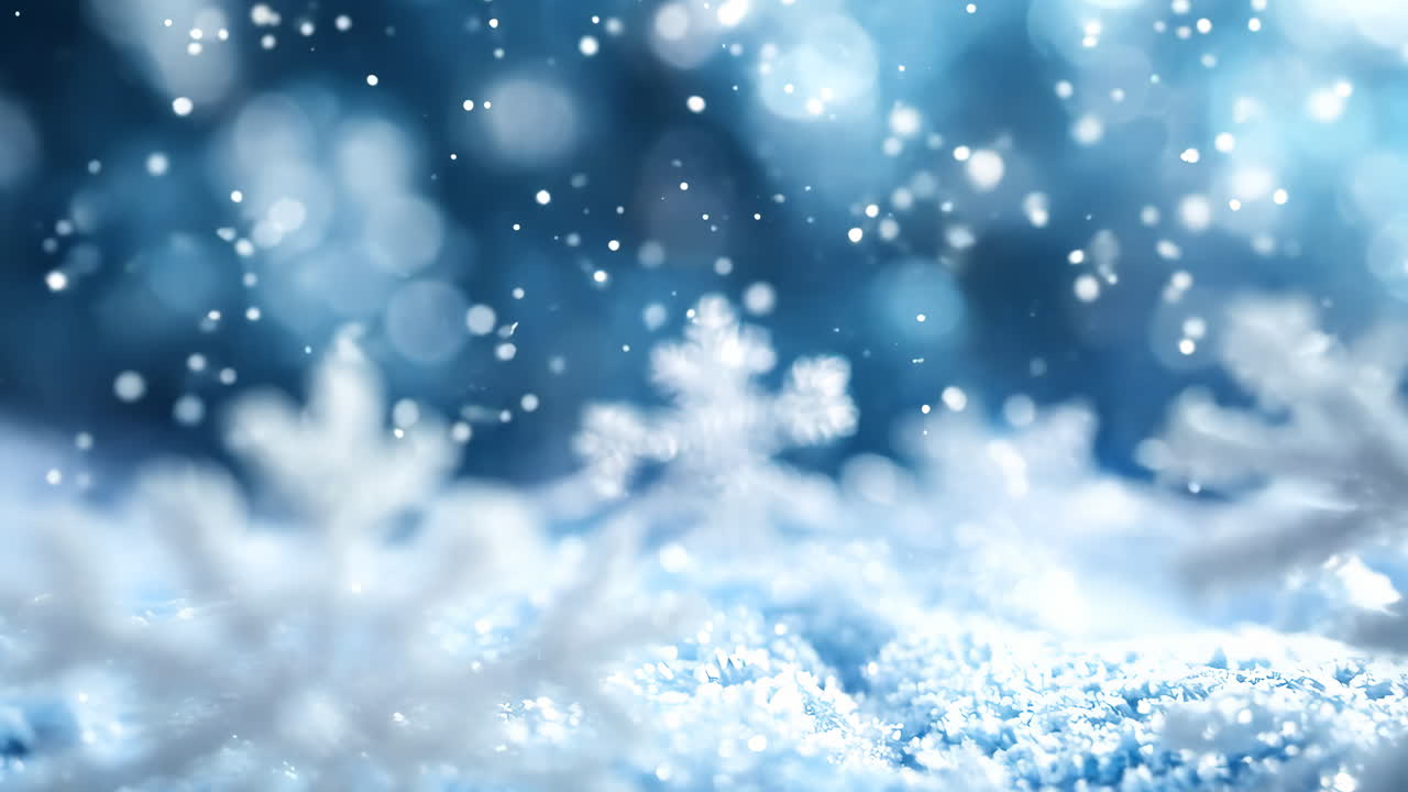 A snow-covered field with three snowflakes on the ground. The snowflakes are small and white, and they are scattered throughout the field. The image has a peaceful and serene mood