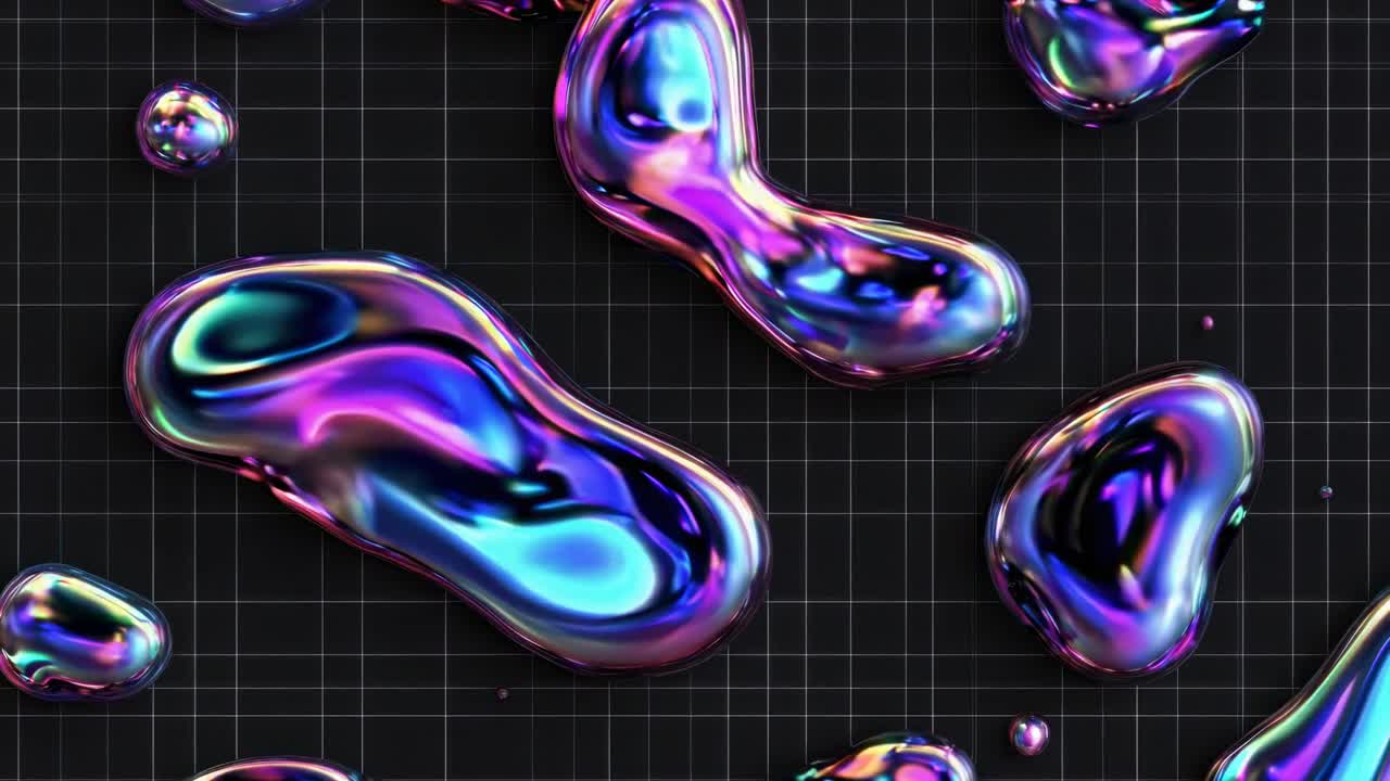 Video features iridescent liquid blobs on a grid background, showcasing a futuristic and abstract