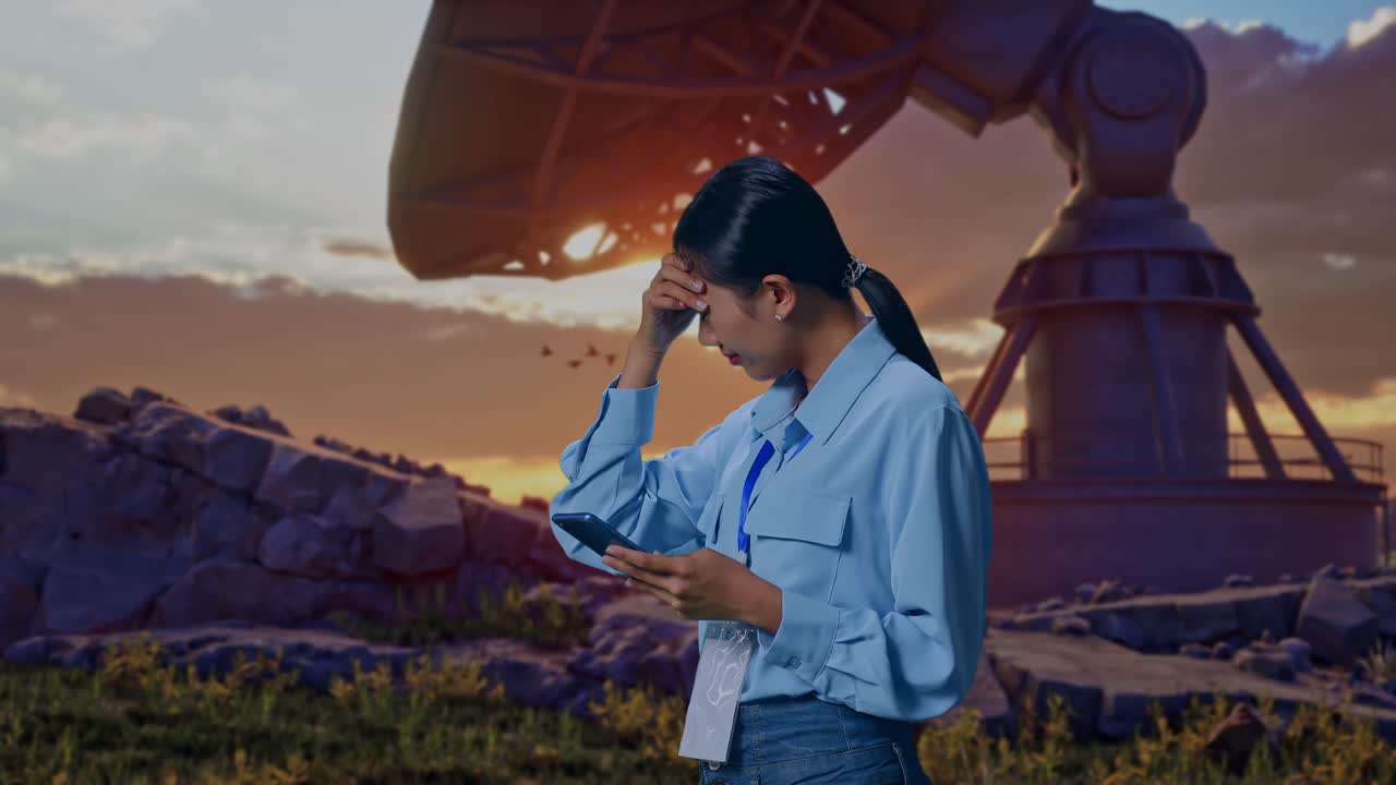 Side View Of An Asian Female Professional Worker Standing With Her Smartphone With Large Satellite Dish, Checking With Dissapionted And Nodding Her Shead