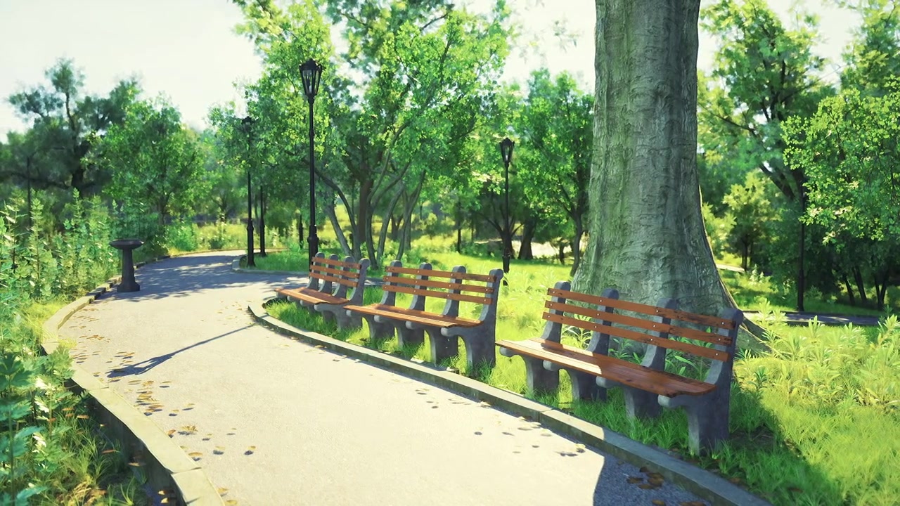 大きな木の下、曲がりくねった公園の小道沿いにある素朴なベンチ。