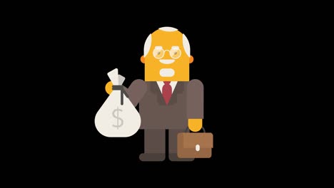 old businessman holding big bag with money and smiling. alpha channel