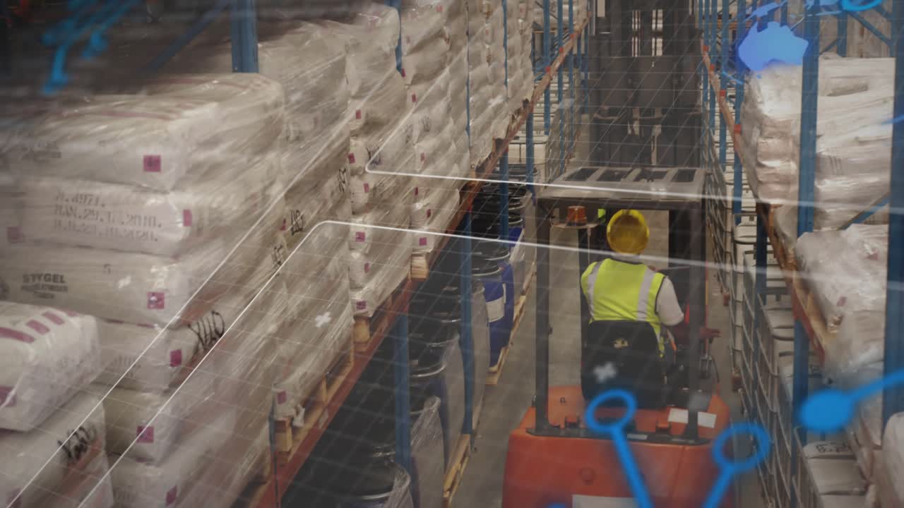 AR overlay scanning warehouse racks and guiding orange forklift toward target pallet for pickup