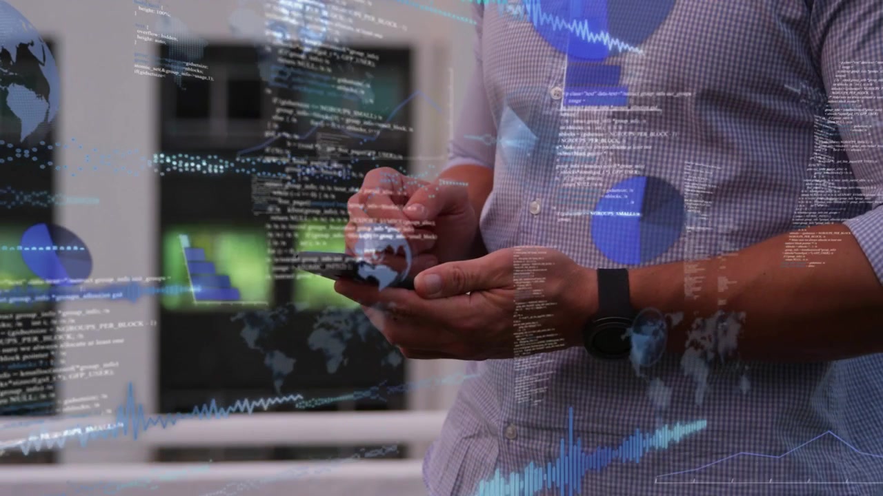 Man holding phone at rail, data overlays appearing over hands, tapping and analyzing finance charts