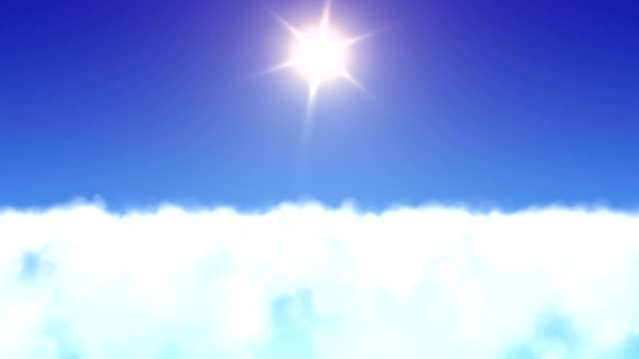 태양과 구름 위의 4k 애니메이션 비행, 루프 가능, 로고와 텍스트를 위해 중앙에 공간을 복사, 모션 그래픽 및 애니메이션 배경.