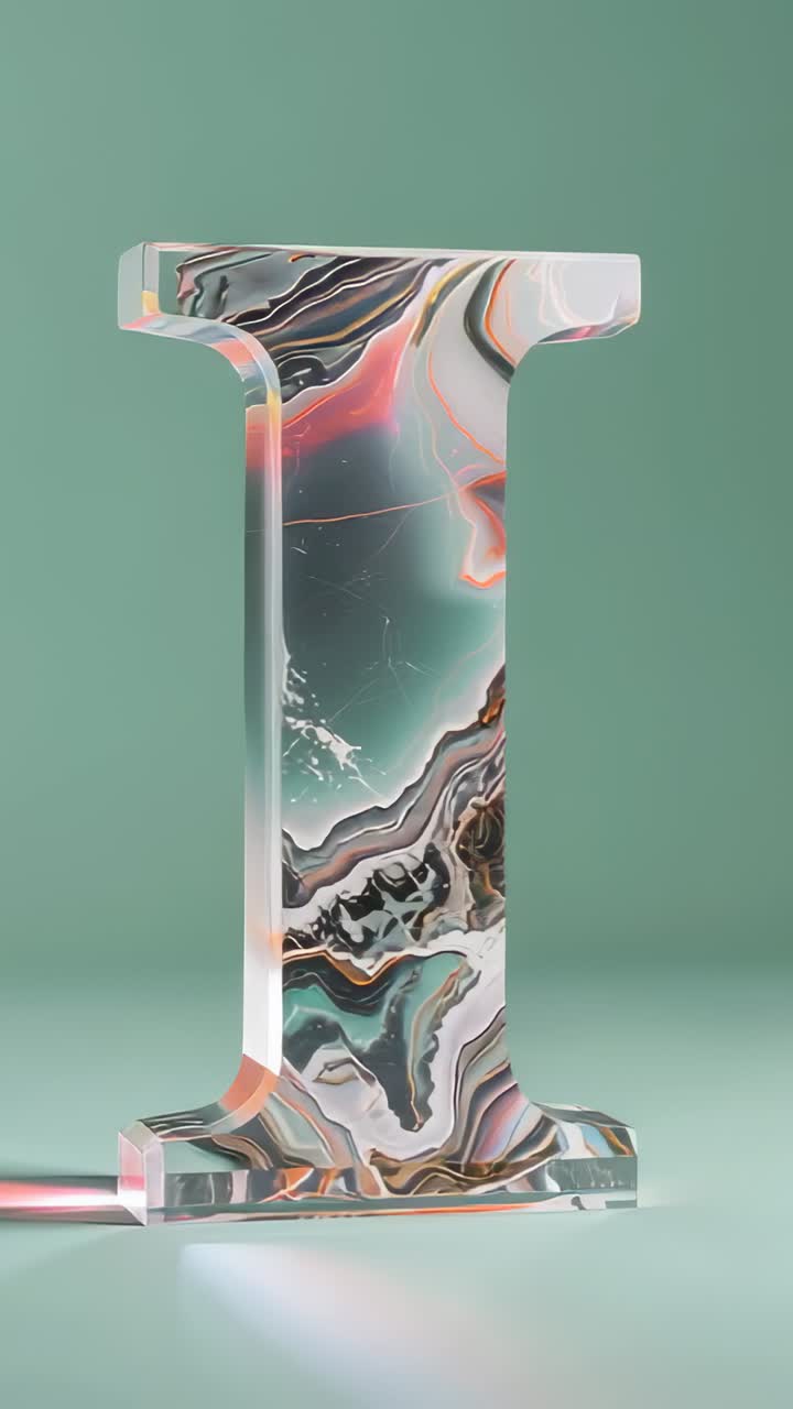 Vertical video: Emerging beam causing letter I sculpture rotating revealing marbled core in studio