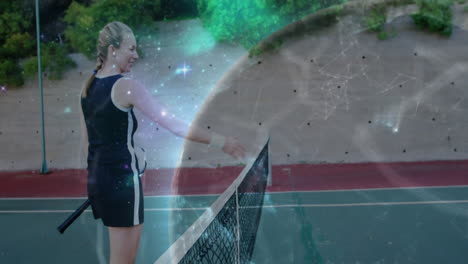 female tennis player shaking hands across net with holographic globe showing technology network