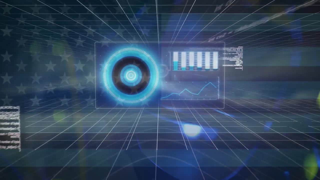 animación de escaneo de alcance y procesamiento de datos sobre la bandera de los estados unidos