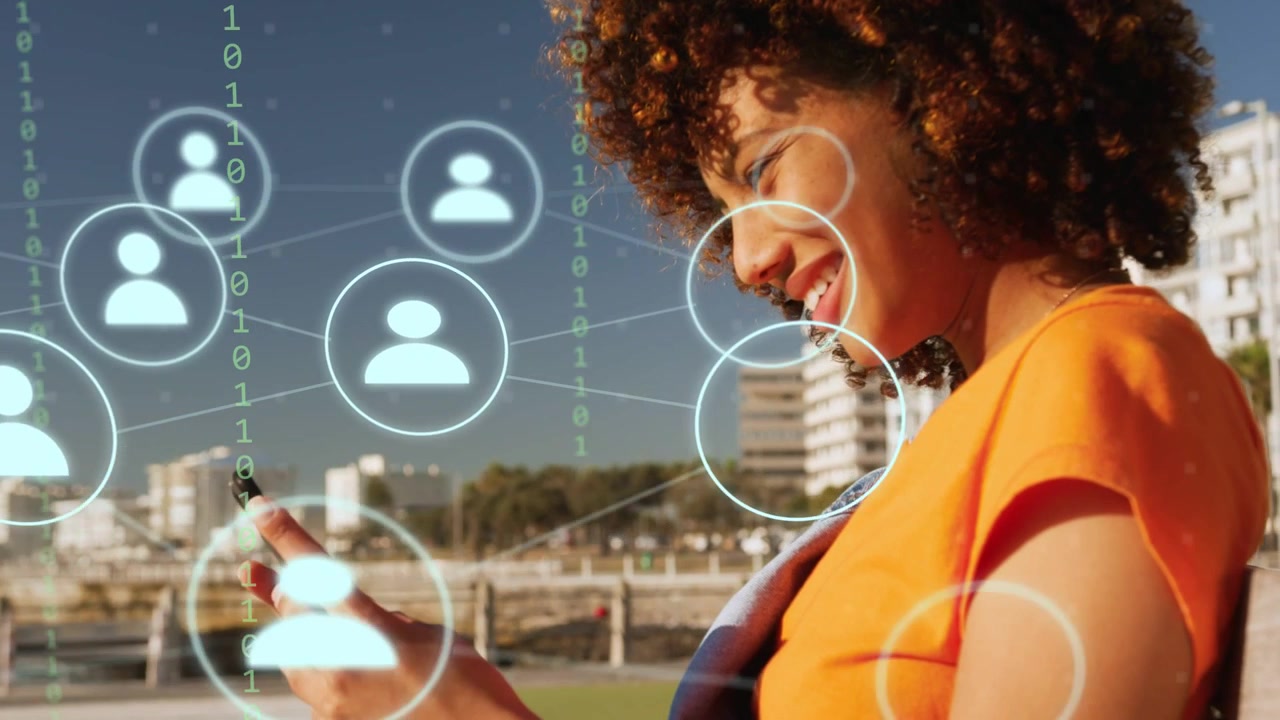 Woman tapping phone at pier causing user icons connecting lines binary columns growing social media