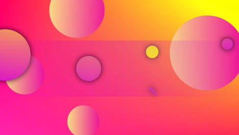 animación de esferas, cápsulas y anillos naranjas, rosas y amarillas, sobre fondo naranja y amarillo