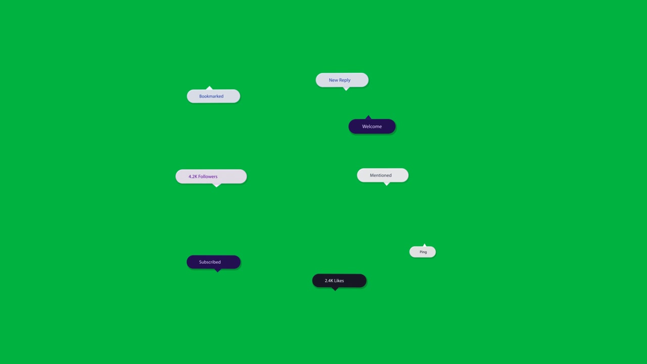 Bolle di notifica dell'interfaccia utente che appaiono, si raggruppano e si spostano su una tela nera, avvisando lo spettatore.