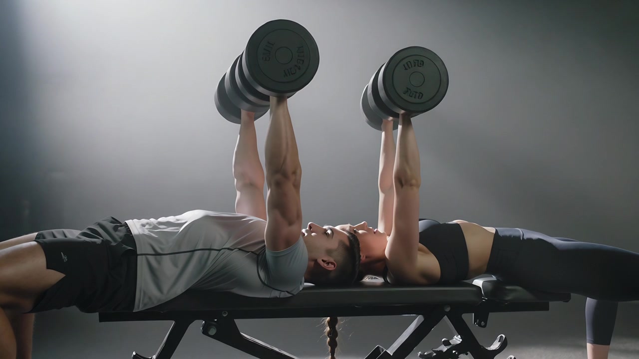 Pressar hantlar uppåt för att påbörja en repetition för styrka, ett par i gråsvarta träningskläder på en bänk på gymmet.