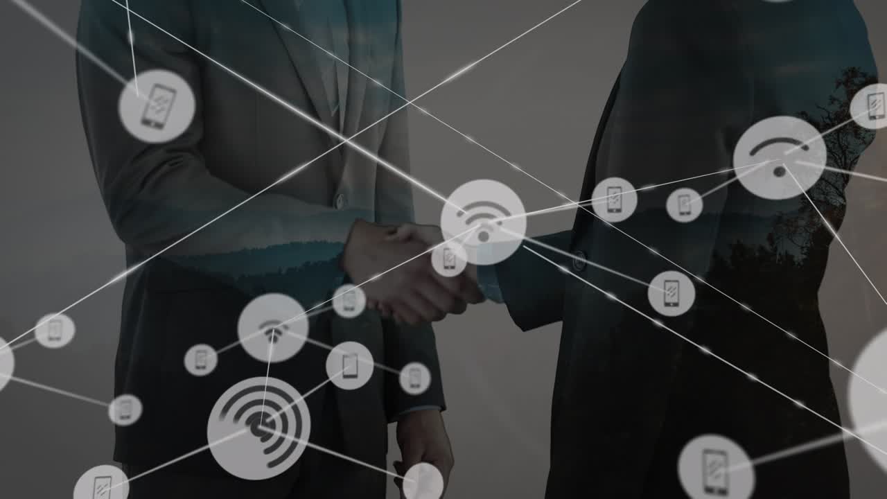 Animazione di rete di connessioni con icone su persone che si stringono la mano