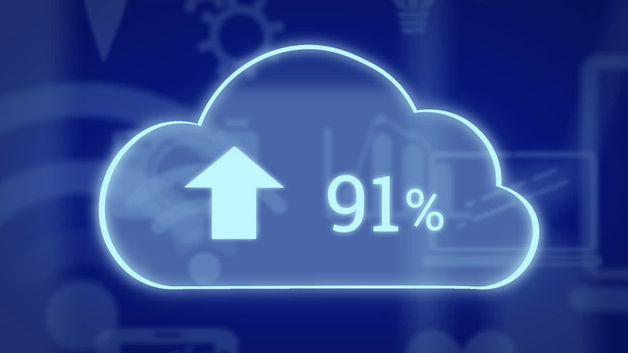 animación de iconos en línea y nube digital con flecha y porcentaje creciendo en fondo azul