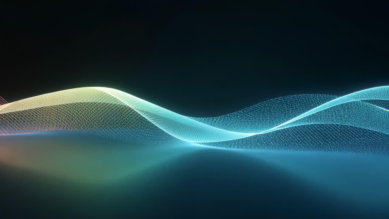 Opening mesh wave ribbon arising lower-left on navy gradient, rippling, shifting hue toward cyan