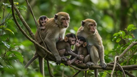 A Heartwarming Moment of Monkey Family Bonding: A Group of Monkeys Cuddles Together on Tree Branches Surrounded by Lush Greenery in Their Natural Habitat
