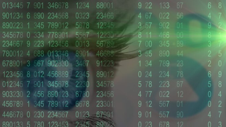 Animation of data processing with medical icons over woman's eye in background