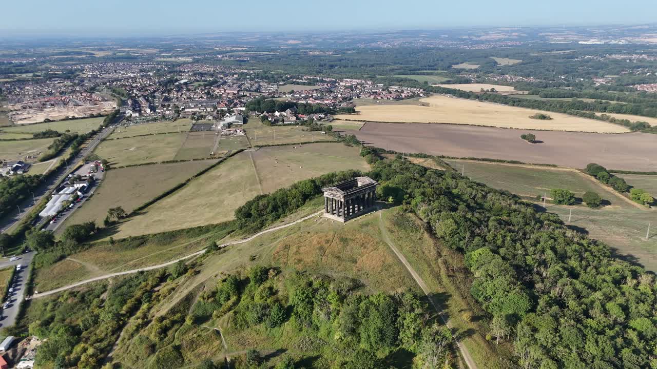 Drone Aerial View of Penshaw Monument in Sunderland Overlooking Surrounding Wearside Landscape