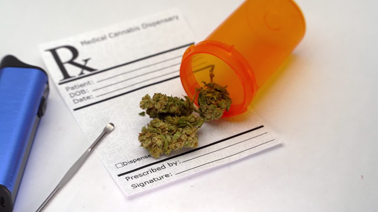 Panning across an open marijuana prescription bottle and blank RX pad to reveal a metal scoop and blue vaporizer
