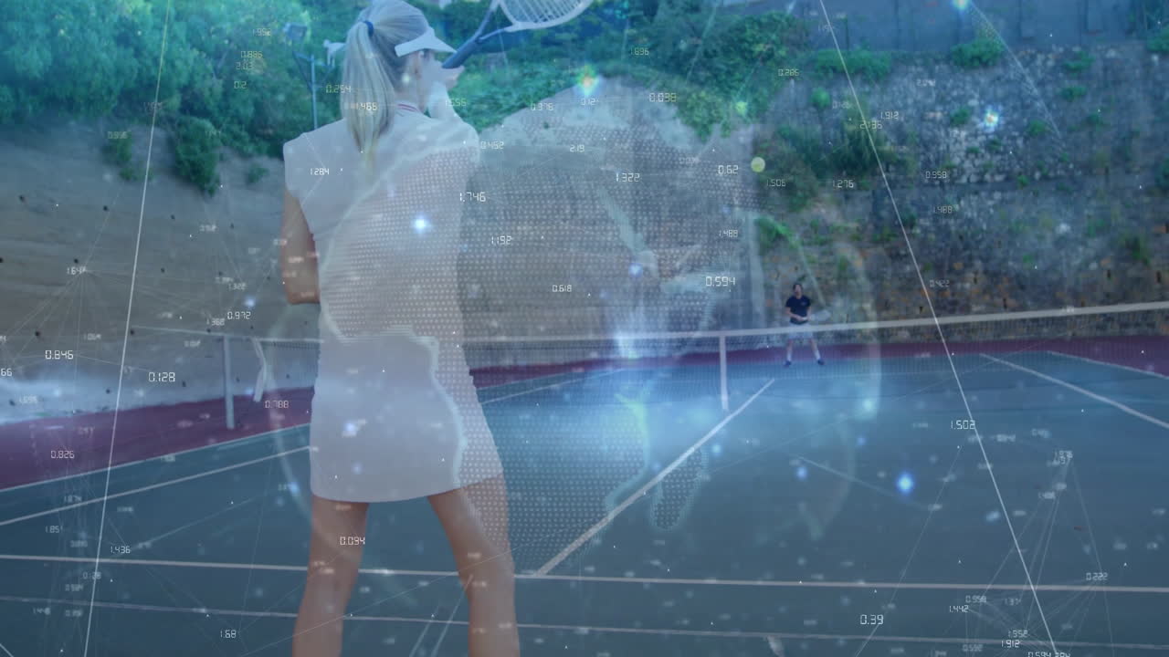 woman swinging racket on outdoor tennis court, displaying sports analytics charts and network lines