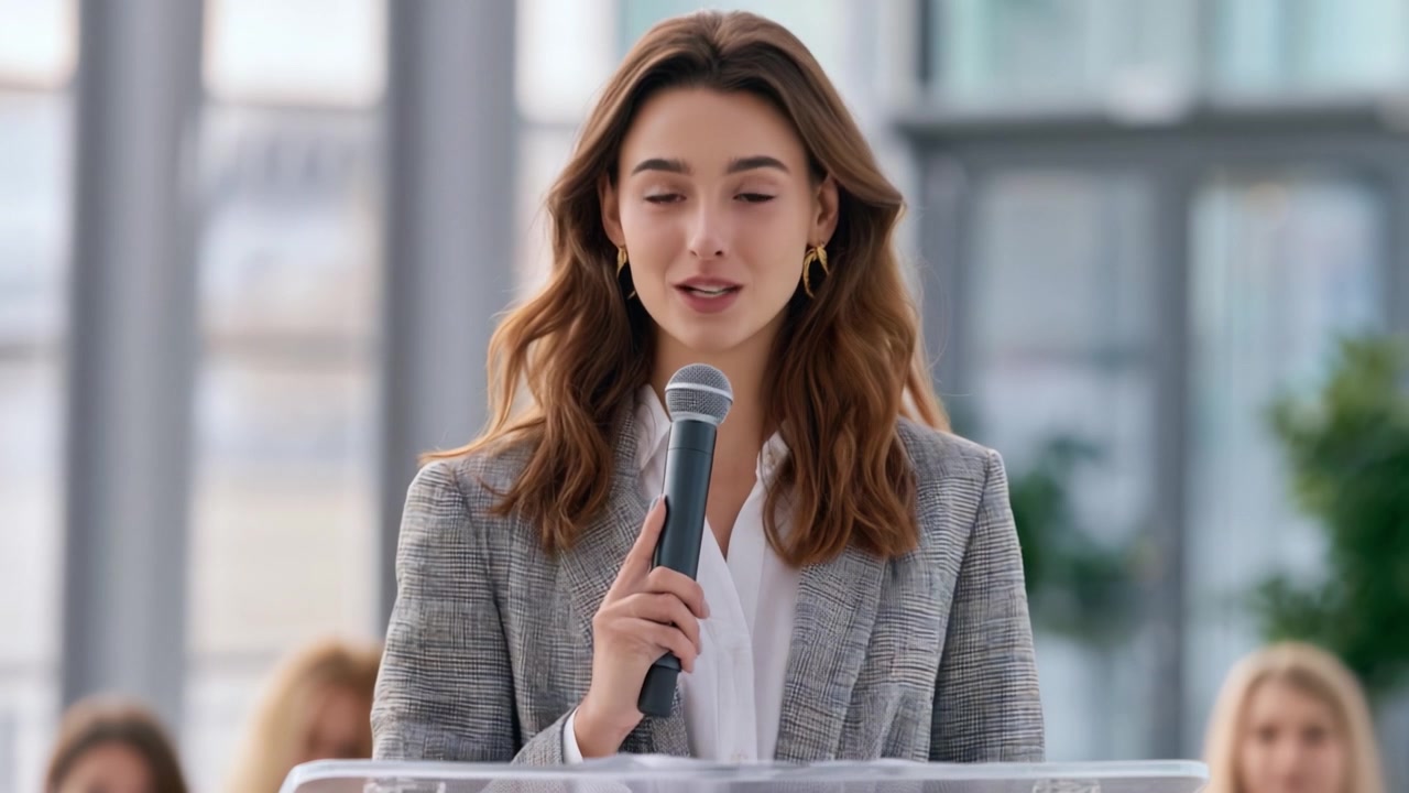 A Confident Speaker Engages the Audience with a Warm Smile During a Presentation in a Bright, Modern Venue, Highlighting Effective Communication Skills.