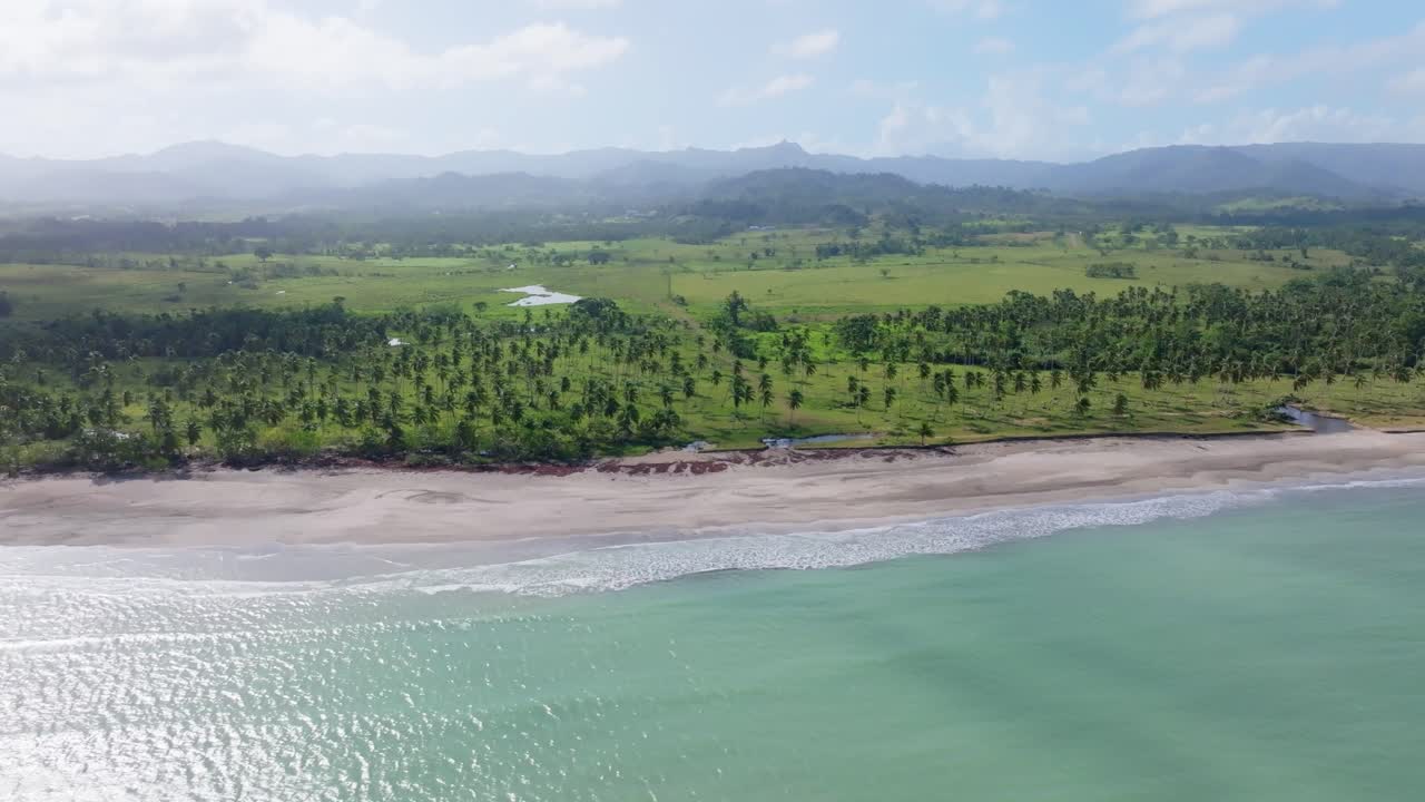 vista aérea sobre palmeras y playa de playa bahia esmeralda, dominicana