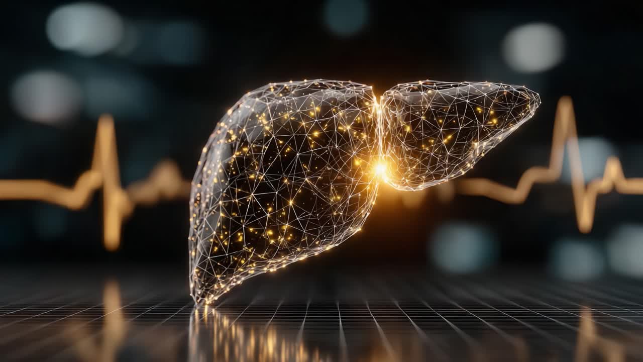 A 3D Visualization of the Liver Highlighting Its Complexity and Vital Functions Amidst a Dynamic Heartbeat Display, Showcasing Advances in Medical Imaging and Anatomy