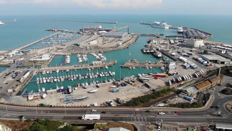 Drone-shot-of-the-port-of-Dover-on-a-sunny-morning-in-Dover,-Kent,-UK