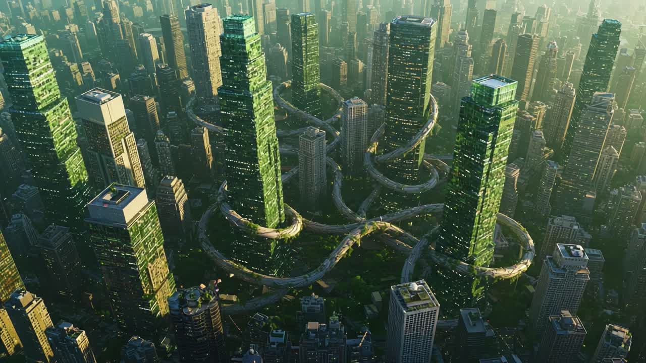 Futuristic Urban Landscape: Aerial View of Green Towers Intertwined with Roads Amidst a Modern Cityscape