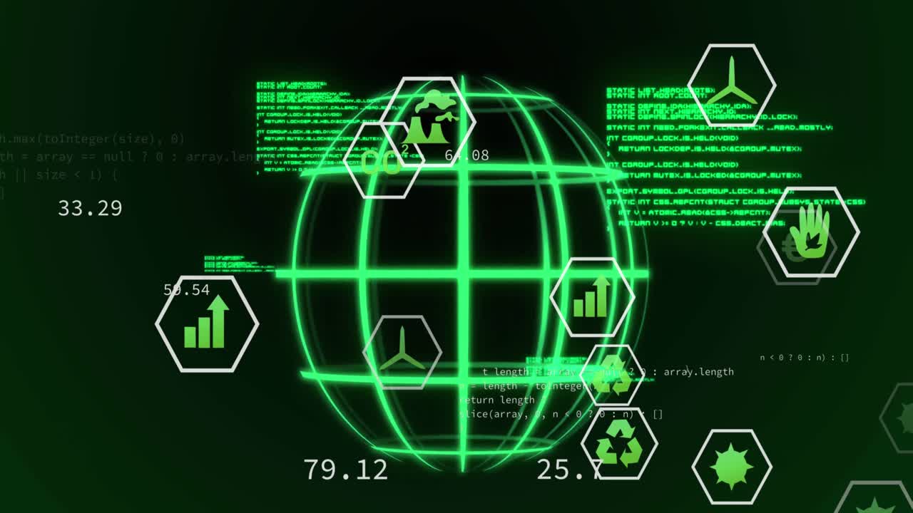 Animation of icons, data and globe on black background