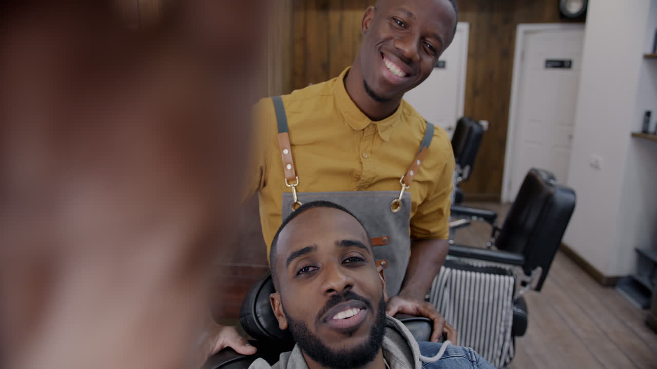 Happy Customers at Barber Shop Taking a Selfie