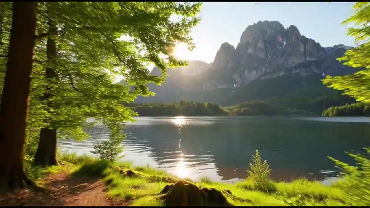 Percorrendo um caminho na floresta em direção a um lago de montanha cênico ao pôr do sol