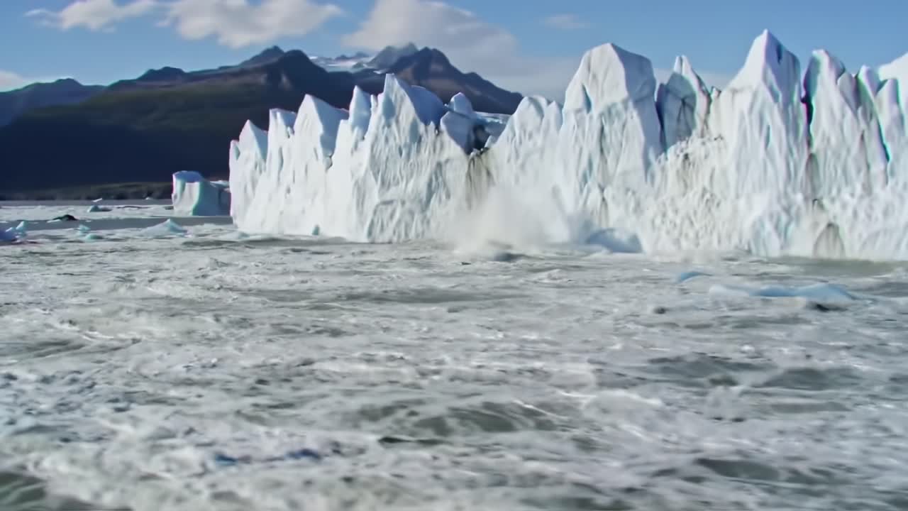 Majestic Glacial Landscape: A Stunning View of Towering Ice Formations and the Turbulent Waters Surrounding Them in a Breathtaking Natural Setting