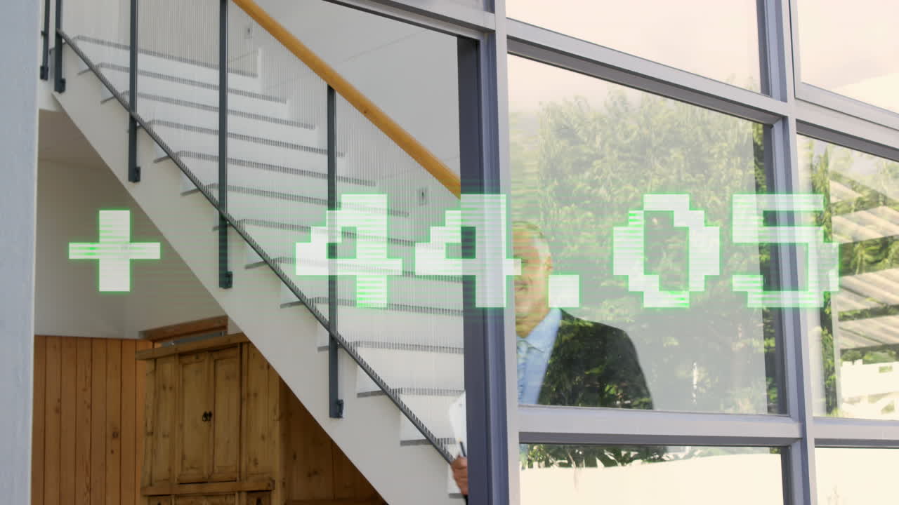 animación de procesamiento de datos del mercado de valores contra empresario caucásico bienvenida en la oficina