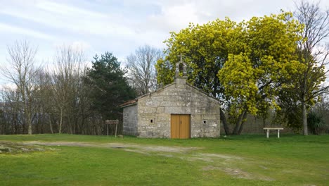 Statische-Einstellung-Der-Kapelle-Von-San-Vitoiro-Und-Des-Rasens-Mit-Einem-Gelben-Baum,-Der-Im-Wind-Weht