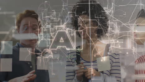 AI technology animation over diverse people collaborating in modern office
