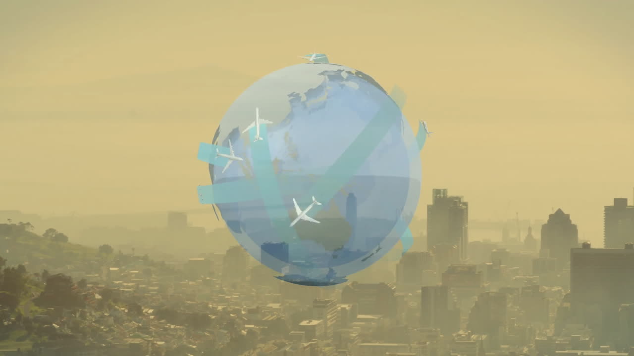 Globe with airplanes animation over cityscape under hazy yellow sky