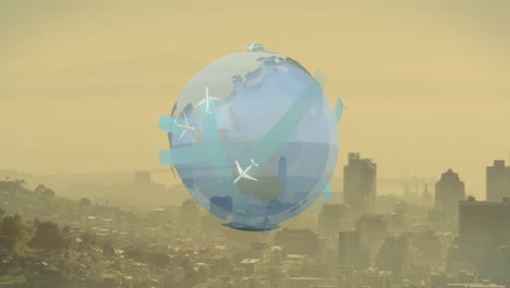 globe with airplanes animation over cityscape under hazy yellow sky