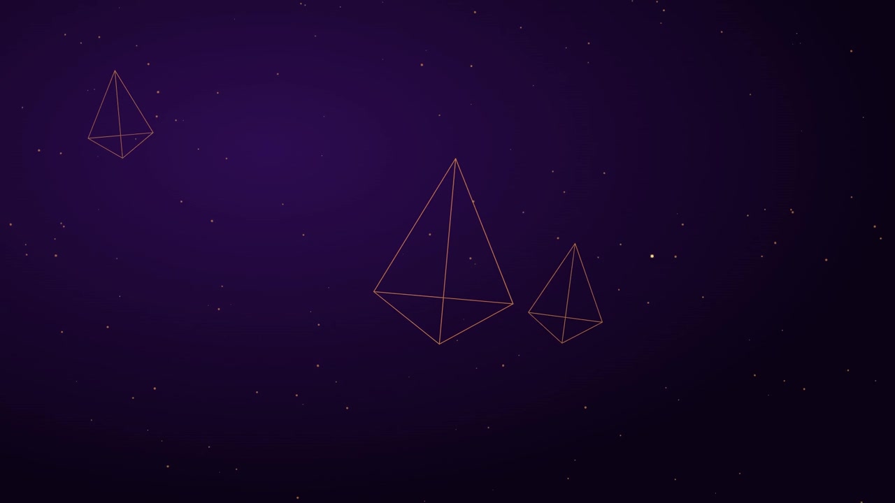 Piramidi geometriche astratte fluttuanti nello spazio viola scuro