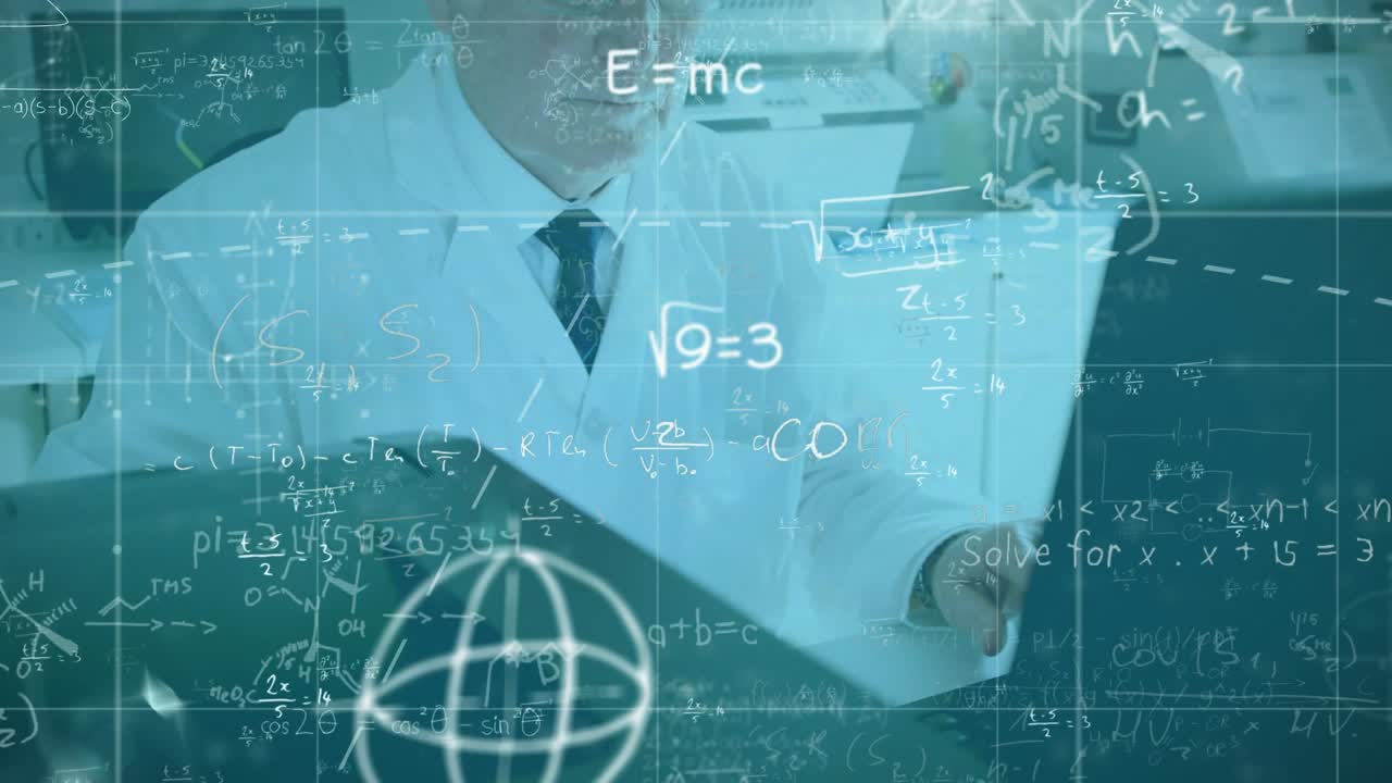 Male scientist typing on keyboard and lifting papers, initiating animated math while checking data