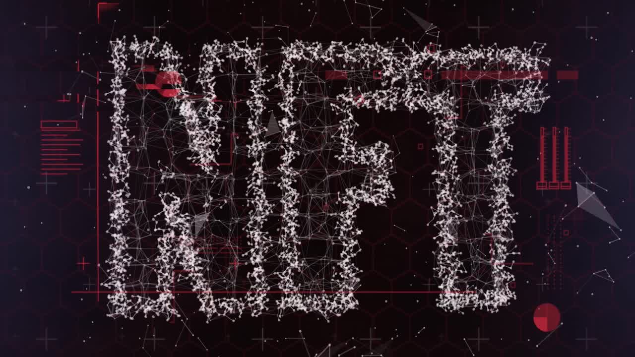 검은 바탕에 nft 텍스트 배너를 형성하는 연결 네트워크의 애니메이션