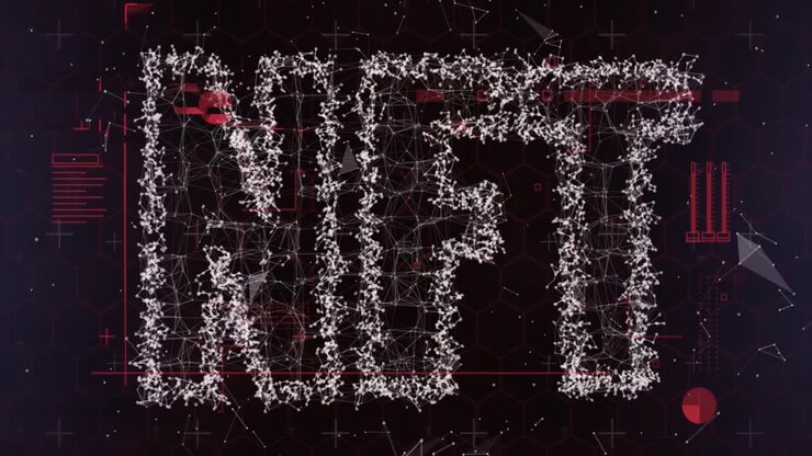 Animation of network of connections forming a nft text banner against black background