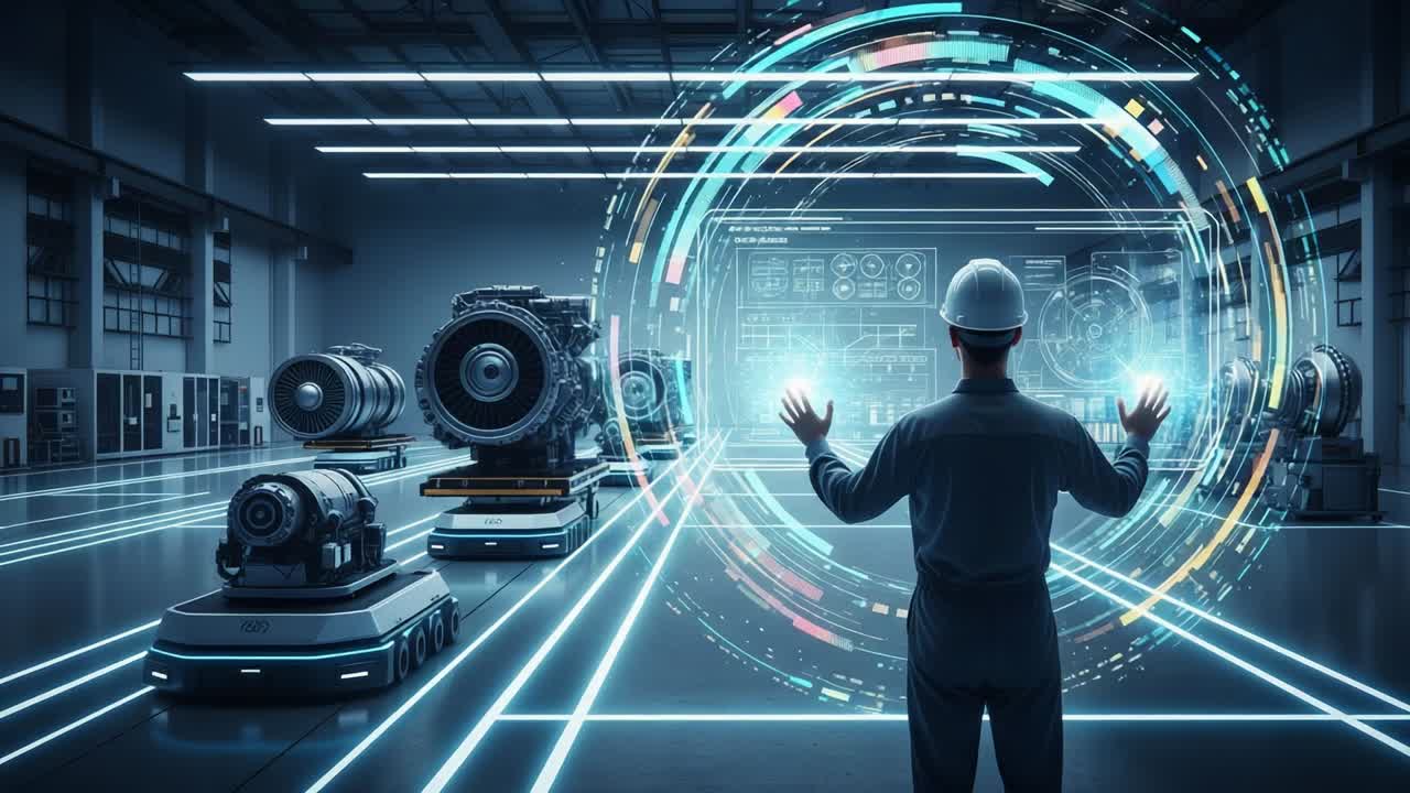 A technician in a futuristic industrial setting interacts with holographic data displays while overseeing advanced machinery, illustrating the integration of technology in modern manufacturing processes