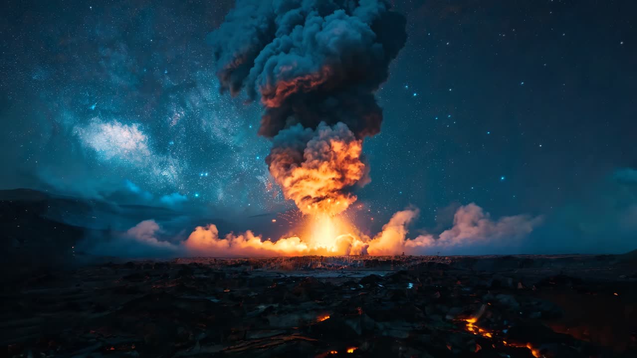 A large fire is burning in the middle of a field. The sky is dark and cloudy, with a few stars visible. The fire is surrounded by smoke and ash, creating a sense of danger and destruction