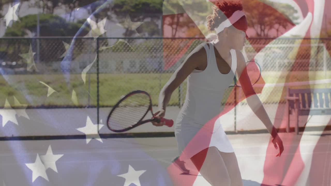 Female tennis partners lunging forward on sunlit court, glowing flag overlay adding graphic energy