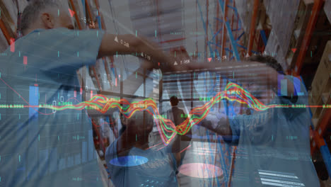 animation of financial graphs and data over diverse female and male warehouse workers